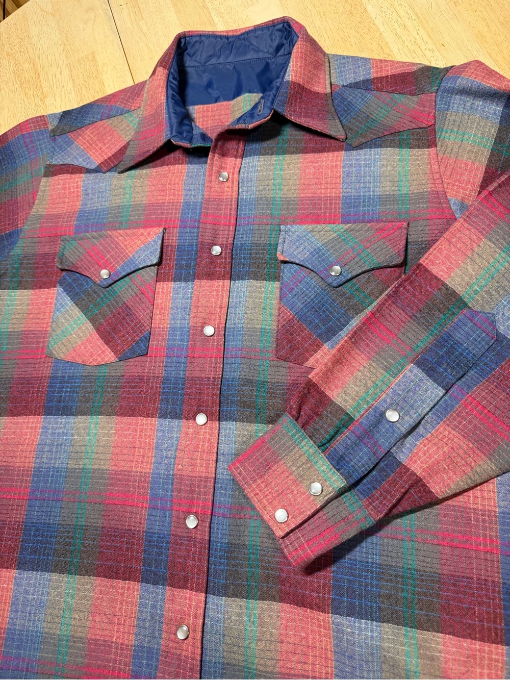 Vintage 70s Board Shirt High Grade Western Wear Wool Plaid Pearl Snap Mens Large